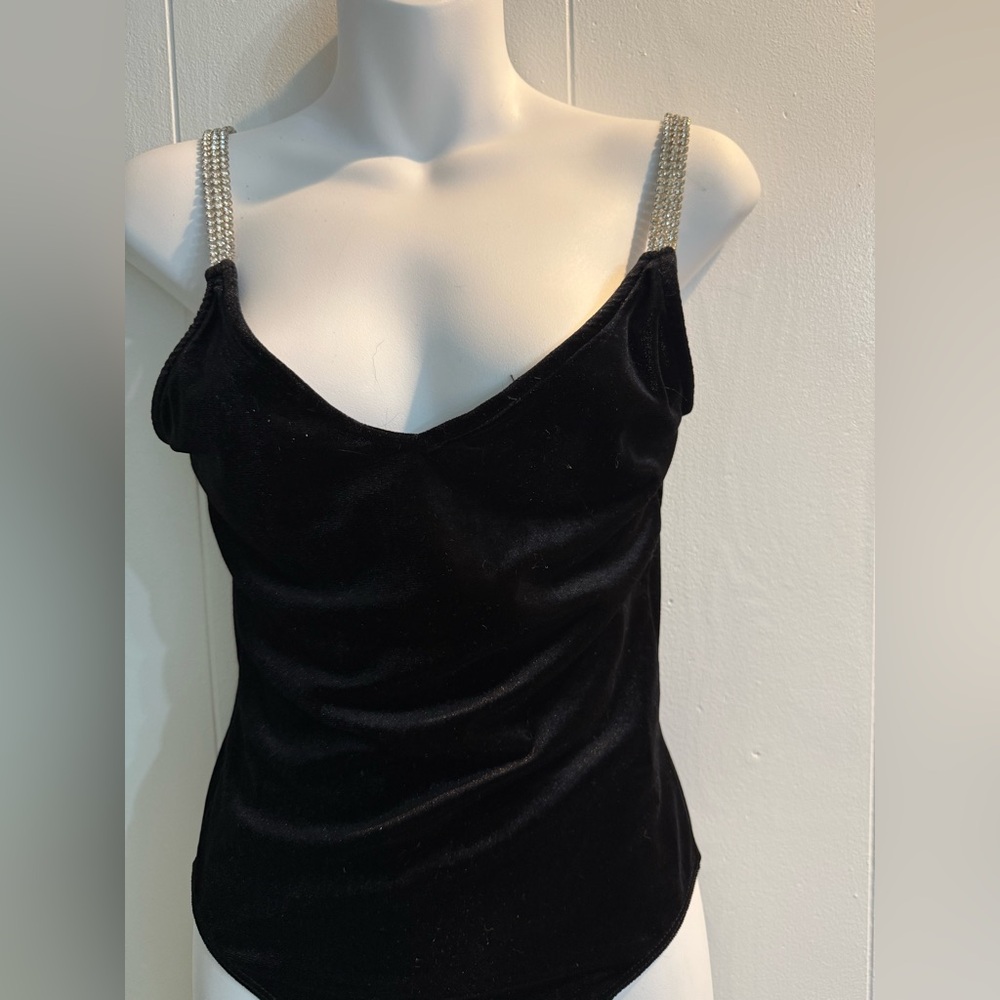Elegant Black Velvet body suit Top with rhinestone straps size 8 - Picture 1 of 4